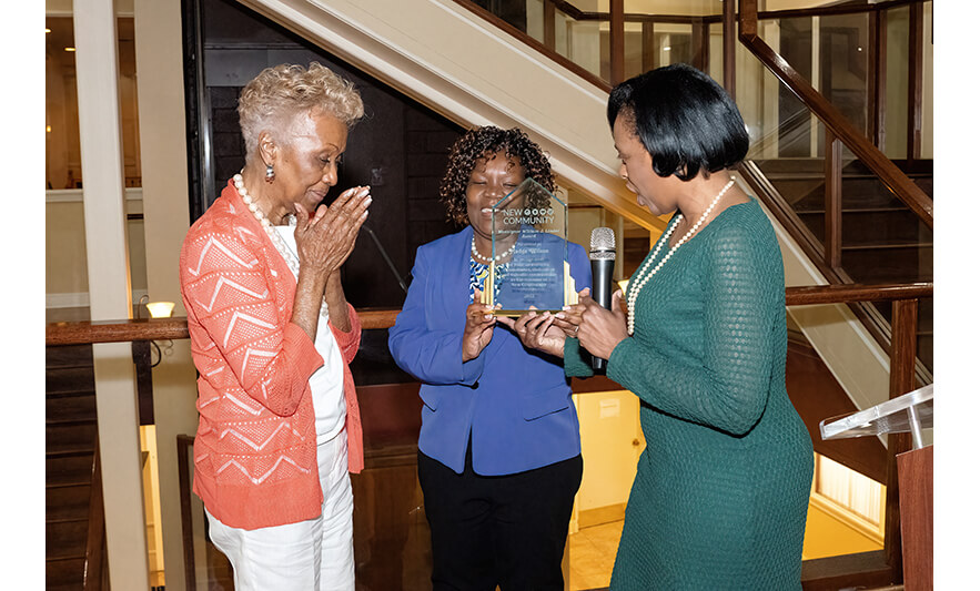 Employee Appreciation Day 5-26-2022 Madge Wilson Elizabeth Mbakaya Frances Teabout with Monsignor Award for web